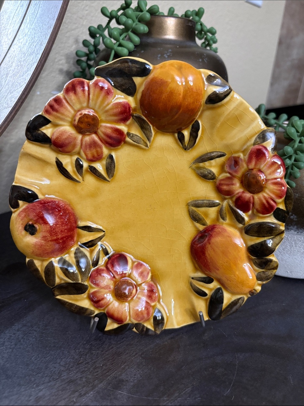 1970s Pottery Ashtray Fruit Flower Pattern Harvest Gold Pear Daisy Vintage
